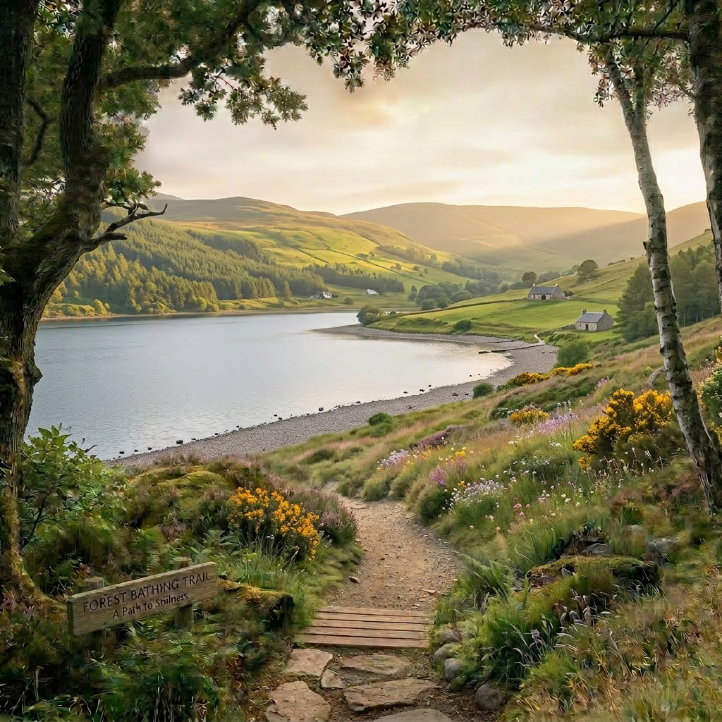 Winding forest trail with benches, mossy rocks, and distant mountain peaks under soft morning light